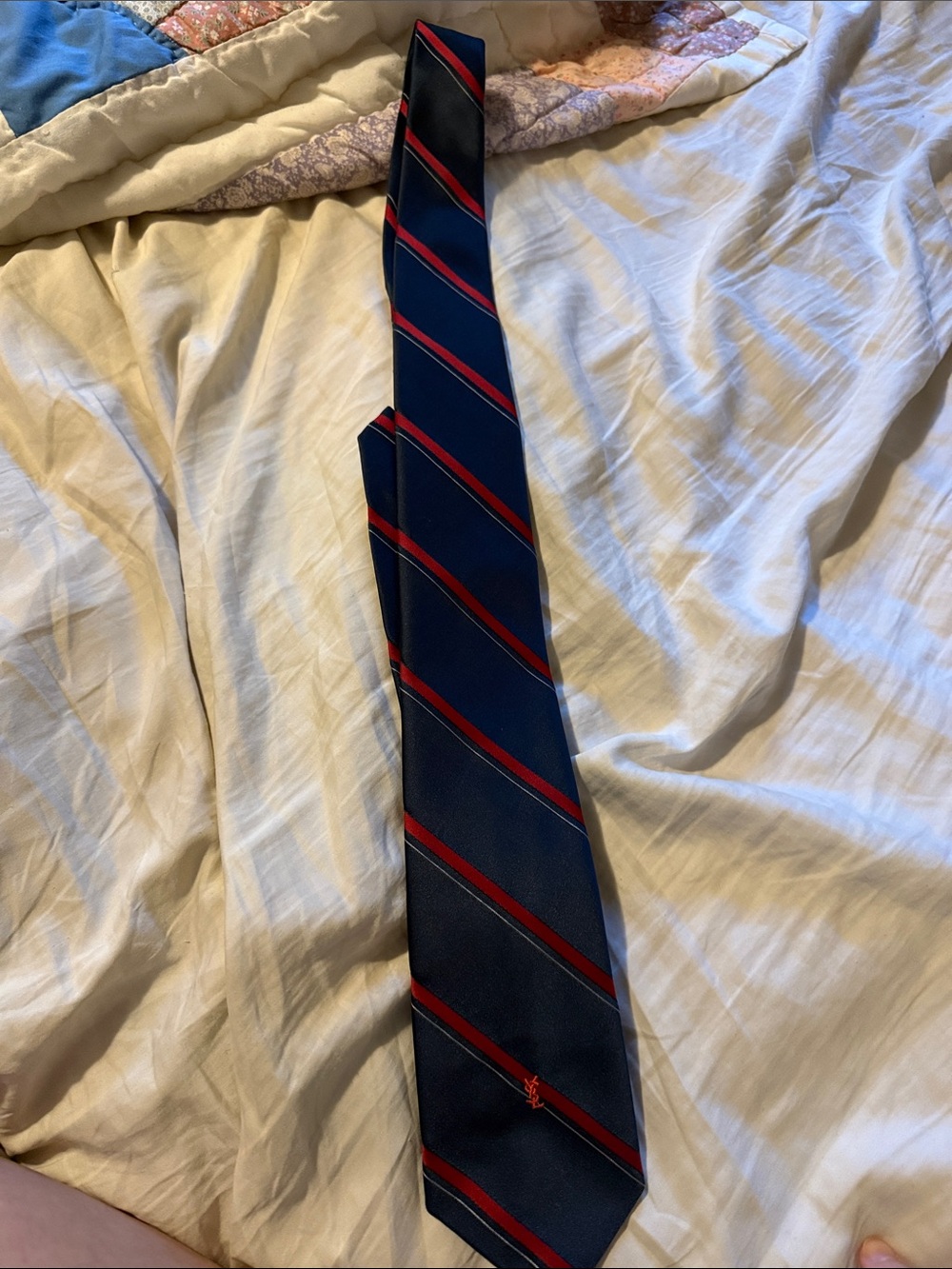 YSL men’s classic Navy and Red Striped Silk Tie